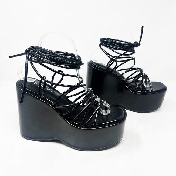 Dolls Kill Shoes - [Dolls Kill] SIMMI London Black Faux Leather Nolia Lace Up Platform Wedges Sz 6